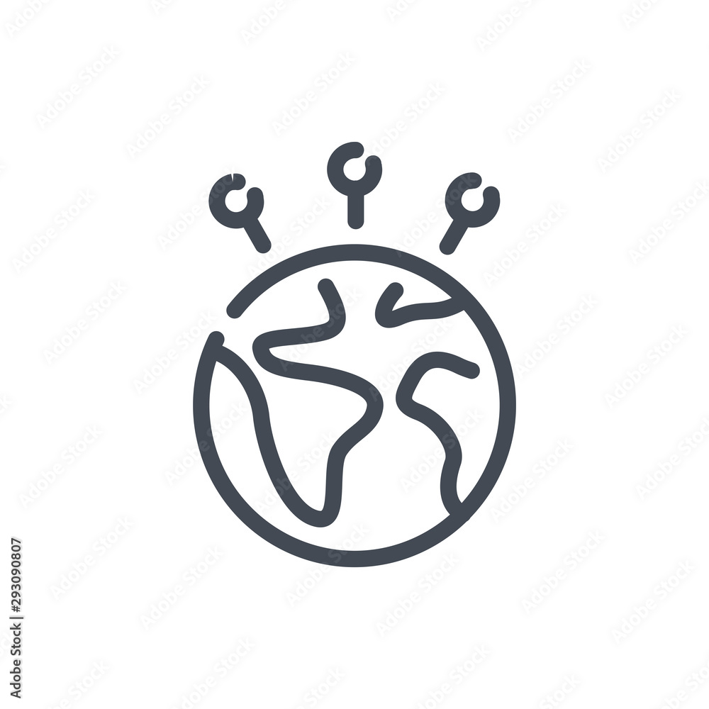 Poster pointers on planet line icon. earth with location pins vector outline sign.