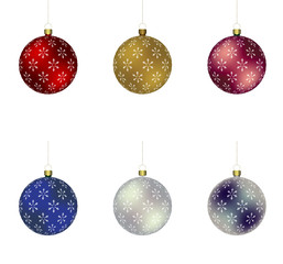 Vector set of 6 Christmass balls with snowflakes print hanging on a golden chain
