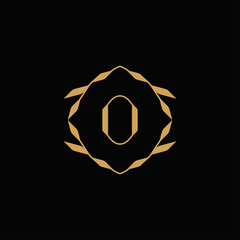 Initial letter O monogram logo, decorative ornament emblem badge, , elegant luxury gold color on black background