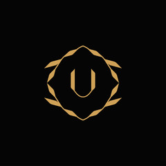 Initial letter U monogram logo, decorative ornament emblem badge, , elegant luxury gold color on black background