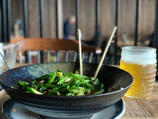 Asian Food Healthy Green Beer Chopsticks fresh salad in a bowl