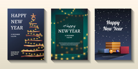 Set of Flyer, poster, banner, card, postcard design templates for Happy new year. Christmas balls, abstract christmas tree, garlands, gift boxes. Perfect for invitation, card.