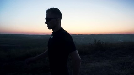 Running Runner Triathlon Silhouette Jogging At Dusk On Trail In Nature.Triathlete Runner On Sunset .Running In Trail At Sunset Dusk.Runner Silhouette Training  Before Marathon Or Triathlon At Sunrise