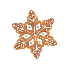 Traditional Christmas gingerbread in the shape of snowflake isolated on white