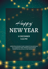 "Happy New Year" card design with garlands on the dark green background. Perfect for poster, postcard, invitation, flyer.