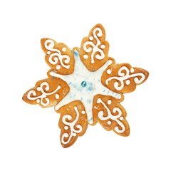 Traditional Christmas gingerbread in the shape of snowflake isolated on white background.