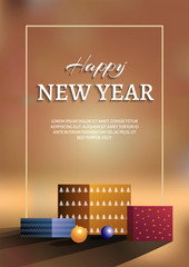 "Happy New Year" card design with gift boxes on the blurred background. Perfect for poster, postcard, invitation, flyer.