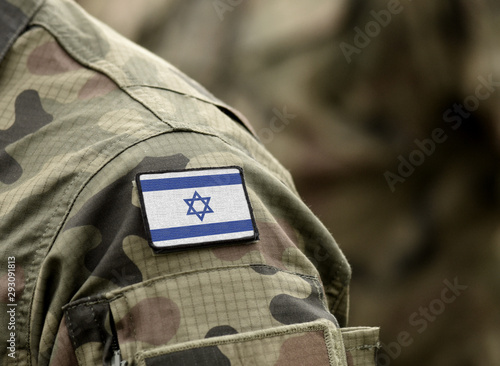 Flag of Israel on military uniform. (collage).