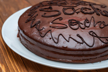 Homemade vegan organic cake. Almond flour and cacao chocolate