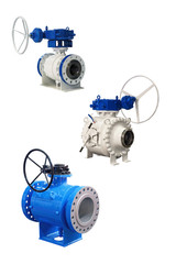 three modern ball valve with manual control using a powerful box isolated on white background