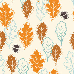 Linocut Oak Leaves Vector Seamless Pattern