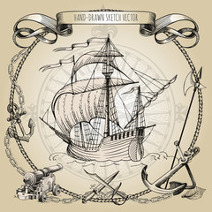 Adventure stories. Pirate background. Vintage border frame. Old caravel, vintage sailboat. Cannon, ghost ship, shipwreck, sea battle