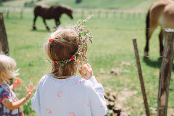 Two little girls looking at a herd of hourses grazing in a countryside