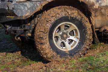 Fototapeta na wymiar SUV wheel stalled in mud and water