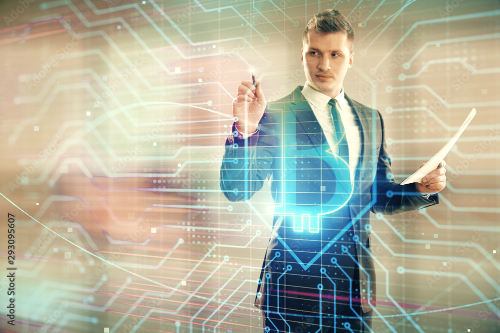 Poster man and blockchain theme hologram. multi exposure. concept of cryptocurrency