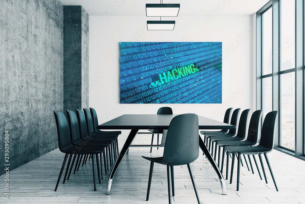 Poster conference room interior with hacking picture on screen monitor on the wall. data safety concept. 3d
