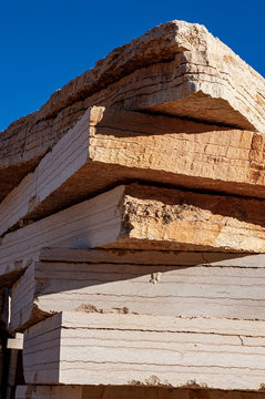 Lessinia stone or Prun stone, layered marly limestone slabs in a quarry in Lessinia plateau, Verona, Veneto, Italy, Europe