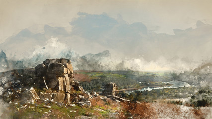 Digital watercolor painting of Stunning Autumn sunset landscape image of view from Leather Tor in Dartmoor National Park