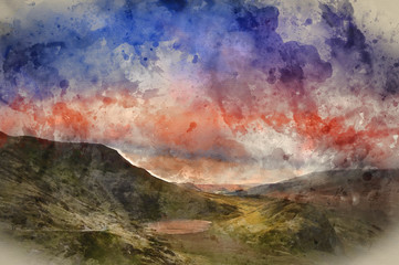 Digital watercolor painting of View from Mount Snowdon towards Carneddau mountain range during sunset