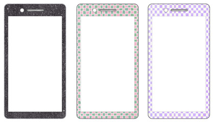 日本製スマホ　和柄のスマートフォン3種と白い画面