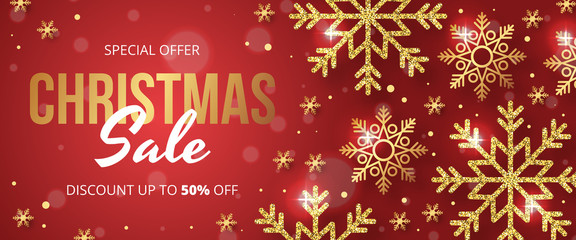 Fototapeta na wymiar Christmas sale banner with golden snowflake on red background. Vector illustration 