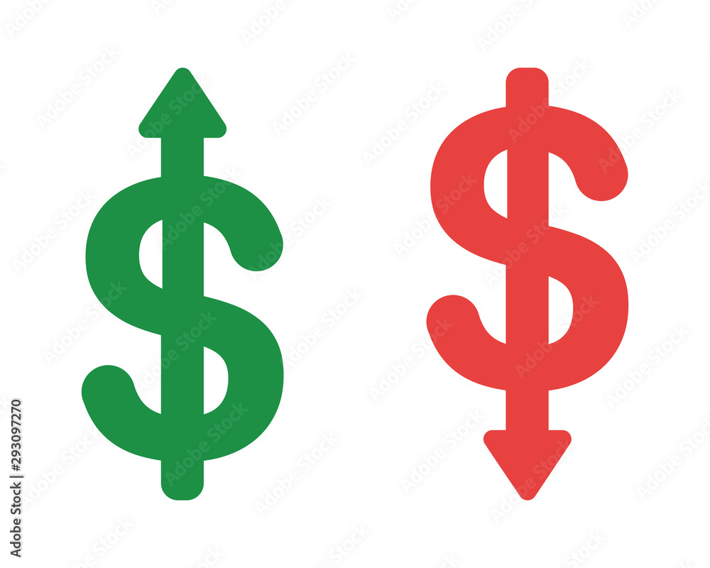 Poster vector icon set of dollar symbols with arrow moving up and down.
