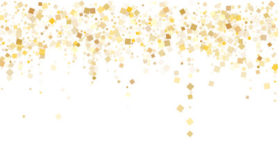 Stylish gold confetti sequins tinsels scatter on white. Glittering New Year vector sequins background. Gold foil confetti party glitter pattern. Many particles surprise backdrop.