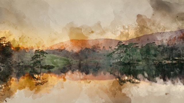Digital watercolor painting of Beautiful landscape image of Tarn Hows in Lake District