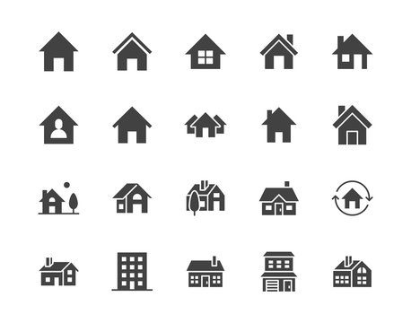 Houses flat glyph icons set. Home page button, residential building, country cottage, apartment vector illustrations. Simple black signs for real estate. Silhouette pictogram pixel perfect 64x64