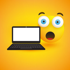 Surprised Emoji, Emoticon with Pop Out Eyes and Laptop Computer on Yellow Background - Vector Design