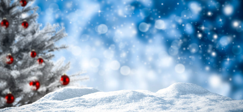 Blurred background of christmas with snow and free space for your decoration. 