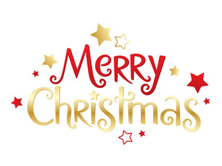 MERRY CHRISTMAS red and gold vector hand lettering banner with stars