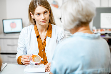 Female ophthalmologist showing the eye model to a senior patient during a medical consultation in...