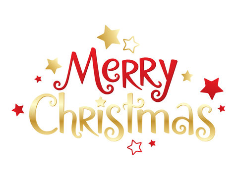 MERRY CHRISTMAS red and gold vector hand lettering banner with stars