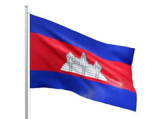Cambodia flag waving on white background, close up, isolated. 3D render