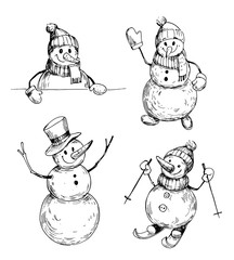 Snowman sketch. Hand drawn illustration converted to vector