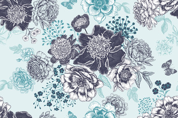 Garten Pfingstrosen. Nahtloses Blumenmuster. © marinavorona