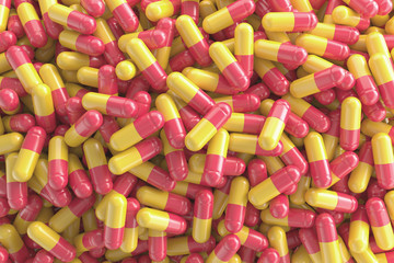 0502_Capsule pill red and yellow background 3D Render