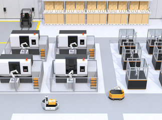 Mobile robots, dual-arm robots, assembly robot cells and CNC machines in smart factory. 3D rendering image.