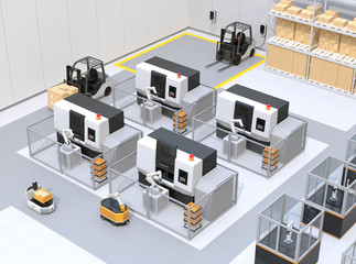 Mobile robots passing CNC robot cells in factory. Smart factory concept. 3D rendering image.