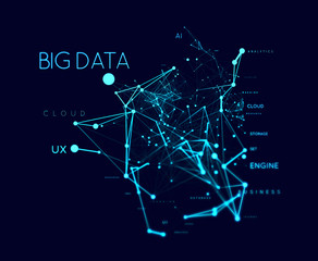 Big data concept in word tag cloud with plexud dot and line connection. Geometric background