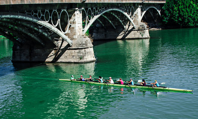 Group of women rowing in the Guadalquivir river under the Triana Bridge, Seville, Andalusia, Spain