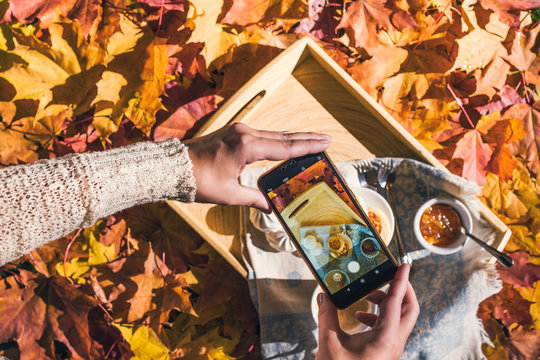 Woman is taking a picture on a smartphone of morning breakfast on a wooden tray in the autumn park with colorful maple leaves. Aerial view