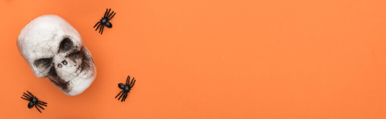 top view of decorative skull with spiders on orange background with copy space, panoramic shot