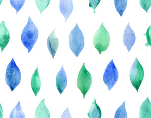 Watercolor seamless pattern of blue leaves. Colorful leaves watercolor texture.