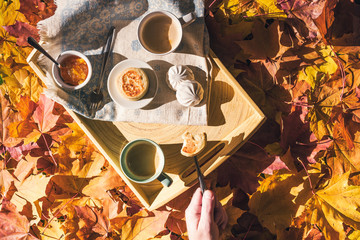 Couple of man and woman having morning breakfast in the autumn garden with colorful maple leaves. cup of coffee, marshmallow jam and a cheese pancake on a wooden tray.  Aerial view