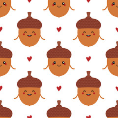 Cute vector seamless pattern background with cartoon acorn characters and hearts for autumn, fall design.