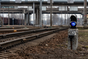 Semaphore with burning blue light. The intersection of railway tracks. - Image
