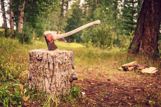Vintage axe stuck in a wooden stump in a forest. Cutting trees and chopping frewood for winter concept