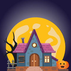 Obraz na płótnie Canvas Halloween card with abandoned house, full moon and pumpkin. Vector illustration